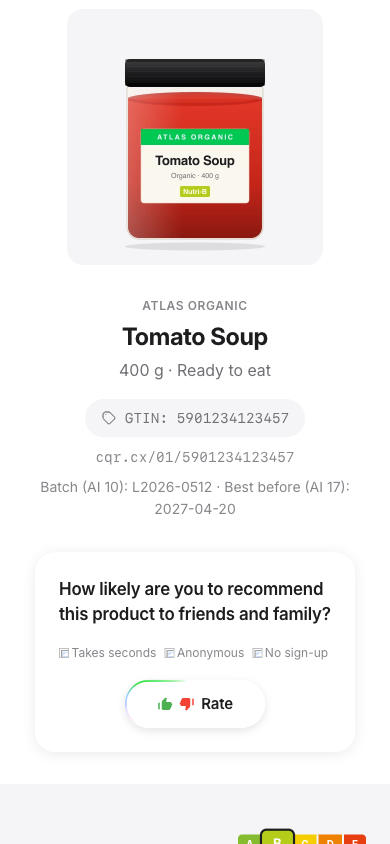 Live demo product page for Atlas Organic Tomato Soup — shows GS1 Digital Link URL, GTIN, Nutri-Score B, and a kazva.bg rating widget
